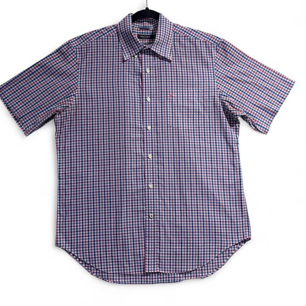 Nautica Mens Short Sleeve Button Down Shirt Large Blue Red Plaid Cotton Wrinkle